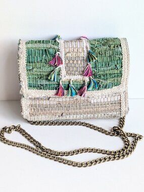 Elektra's Workshop Beige Green Leather Shoulder Bag w/Tassels Handmade in Greece